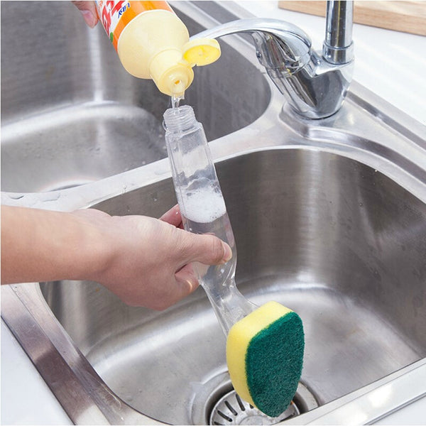 Replaceable Cleaning Brush With Refill Liquid Handle Scouring Pad Sponge Brush Dispenser Dish Scrubber Home Washing Tool
