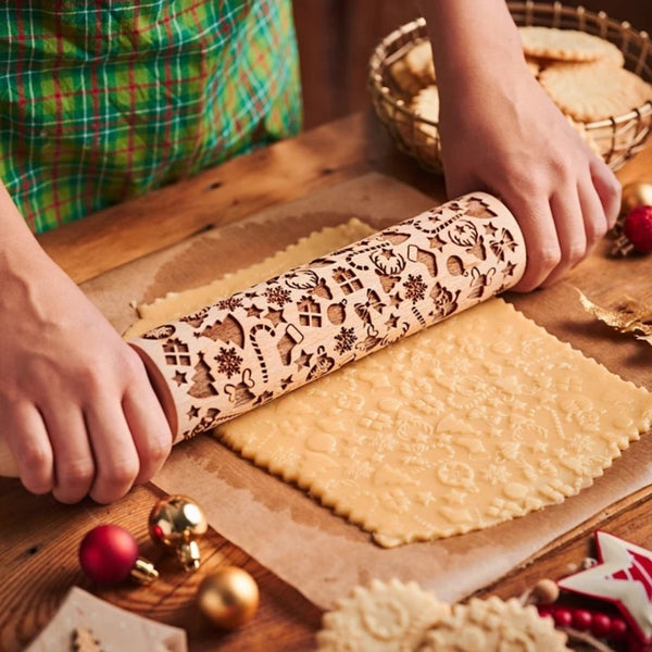 Printed Rolling Pin Durable Natural Wooden Roller Pin Baking Tool Embossing Tool for Bread/ Pizza etc. Christmas Pattern Rollers