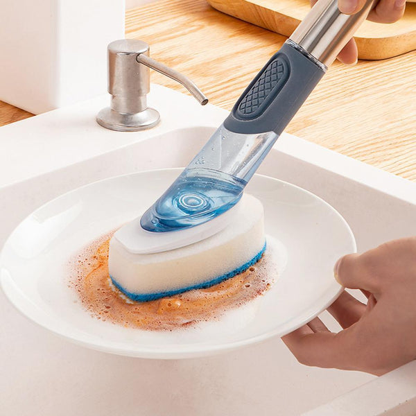 1 Set Plastic Long Handle Refillable Sponge Dishwashing Brush Automatic Liquid Adding Bowls Kitchen Cleaning Brush