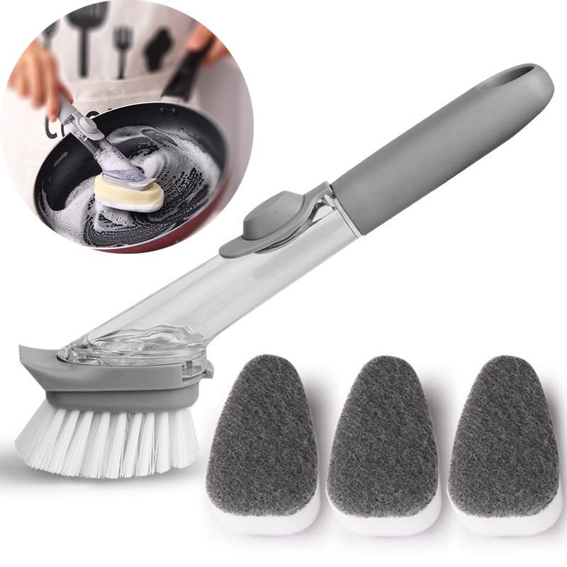 Soap Dispensing Dish Brush with Handle, Scrub Brush with 4 Sponge